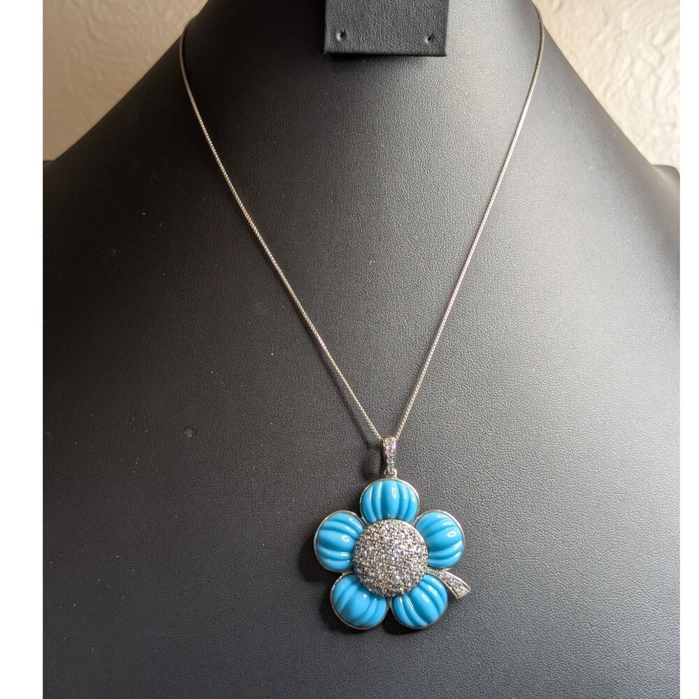 ROSS-SIMONS 925 Simulated Italian Turquoise CZ Flower Pendant Chain Necklace
